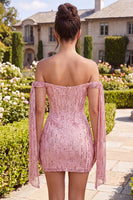 Laden Sie das Bild in den Galerie-Viewer, Glitzerndes Champagner-Off-the-Shoulder Bodycon-Pailletten-Homecoming-Kleid