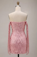 Laden Sie das Bild in den Galerie-Viewer, Glitzerndes Champagner-Off-the-Shoulder Bodycon-Pailletten-Homecoming-Kleid
