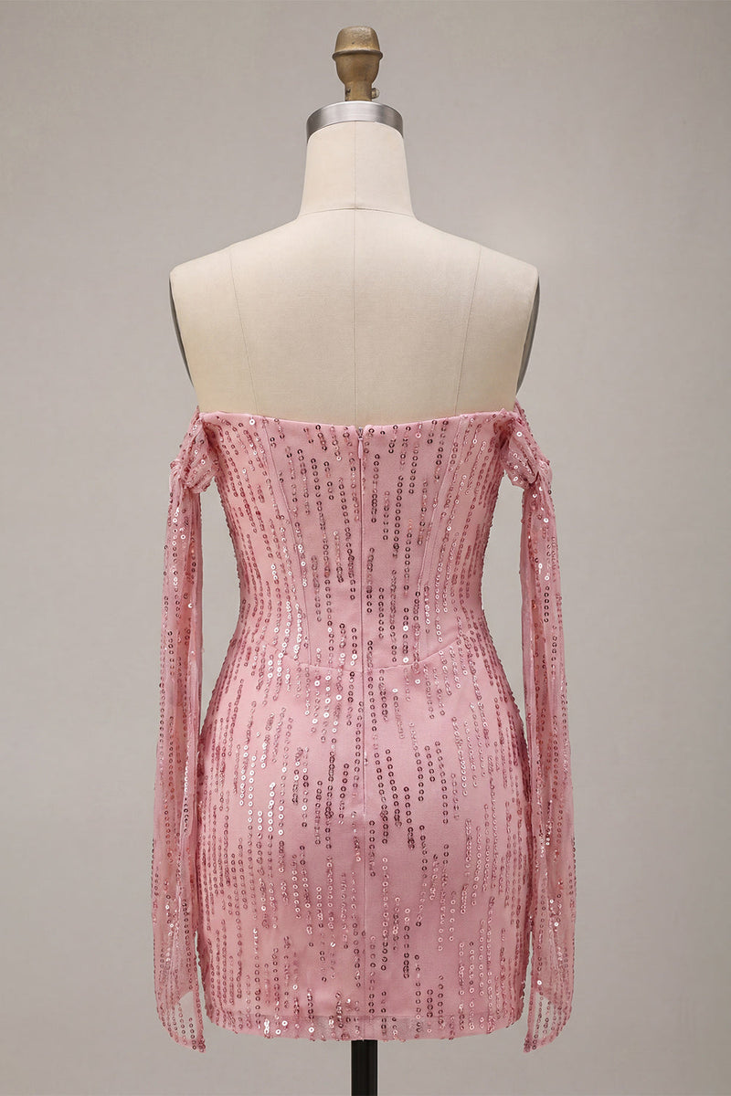 Laden Sie das Bild in den Galerie-Viewer, Glitzerndes Champagner-Off-the-Shoulder Bodycon-Pailletten-Homecoming-Kleid