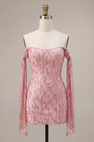 Laden Sie das Bild in den Galerie-Viewer, Glitzerndes Champagner-Off-the-Shoulder Bodycon-Pailletten-Homecoming-Kleid