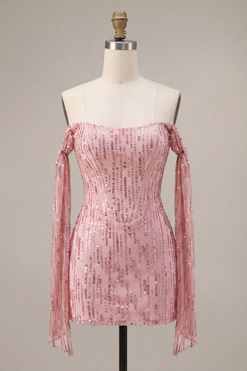 Laden Sie das Bild in den Galerie-Viewer, Glitzerndes Champagner-Off-the-Shoulder Bodycon-Pailletten-Homecoming-Kleid