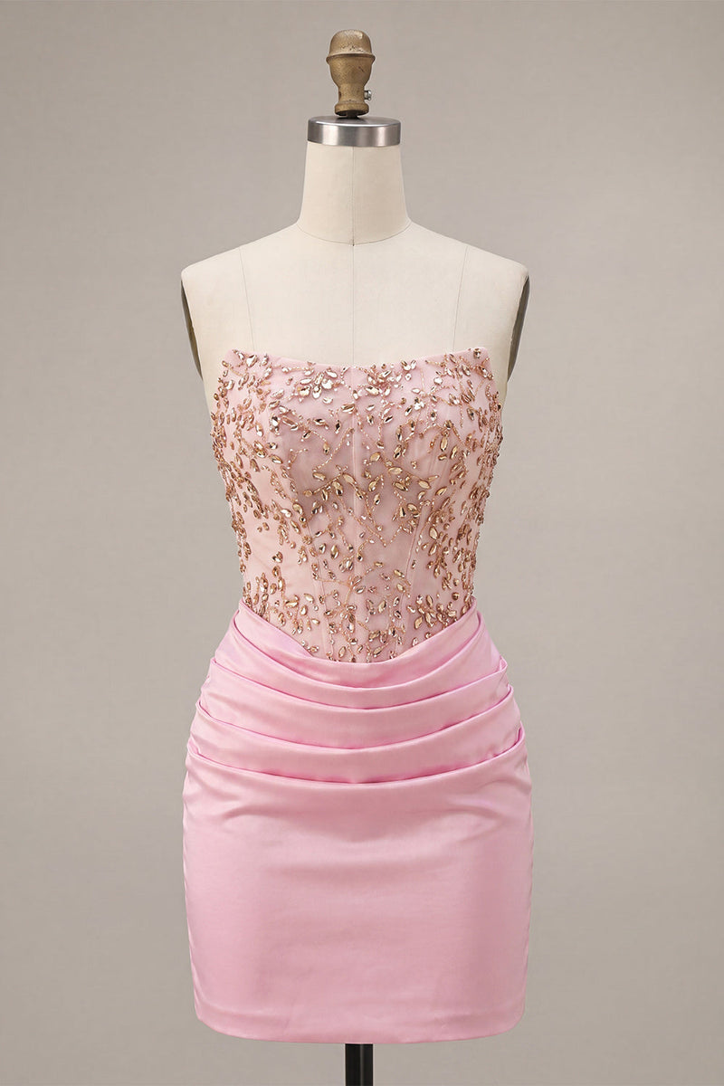 Laden Sie das Bild in den Galerie-Viewer, Rosa Trägerloses Bodycon Perlen Gerafftes Kurzes Abendkleid