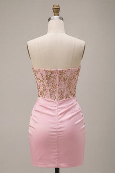 Rosa Trägerloses Bodycon Perlen Gerafftes Kurzes Abendkleid