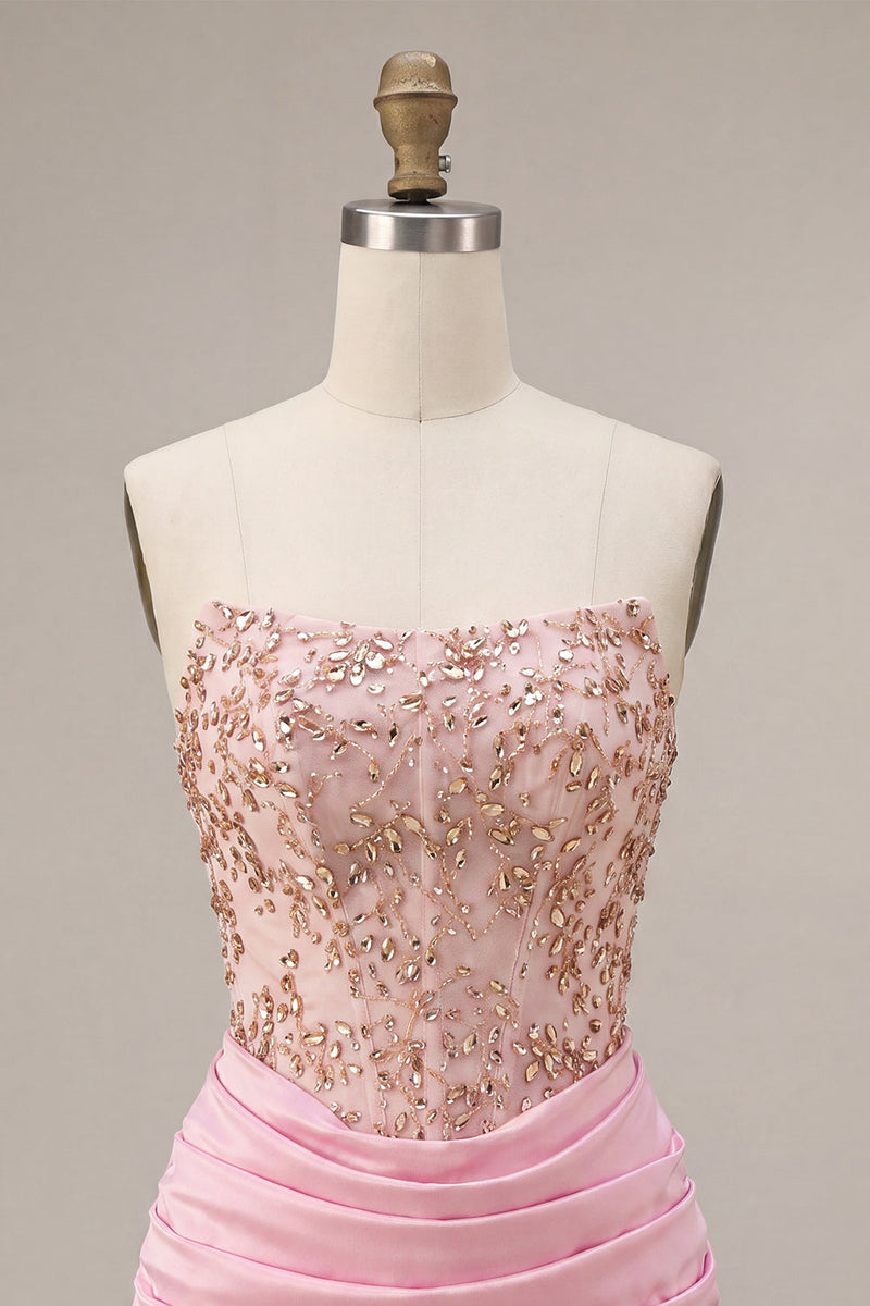 Laden Sie das Bild in den Galerie-Viewer, Rosa Trägerloses Bodycon Perlen Gerafftes Kurzes Abendkleid