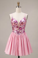 Laden Sie das Bild in den Galerie-Viewer, A-Linie pinkes Blumen-Spaghettiträger-Homecoming-Kleid mit Pailletten