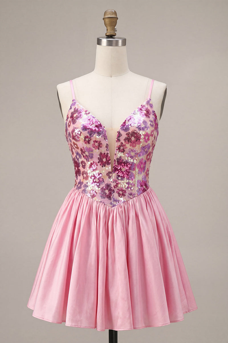 Laden Sie das Bild in den Galerie-Viewer, A-Linie pinkes Blumen-Spaghettiträger-Homecoming-Kleid mit Pailletten