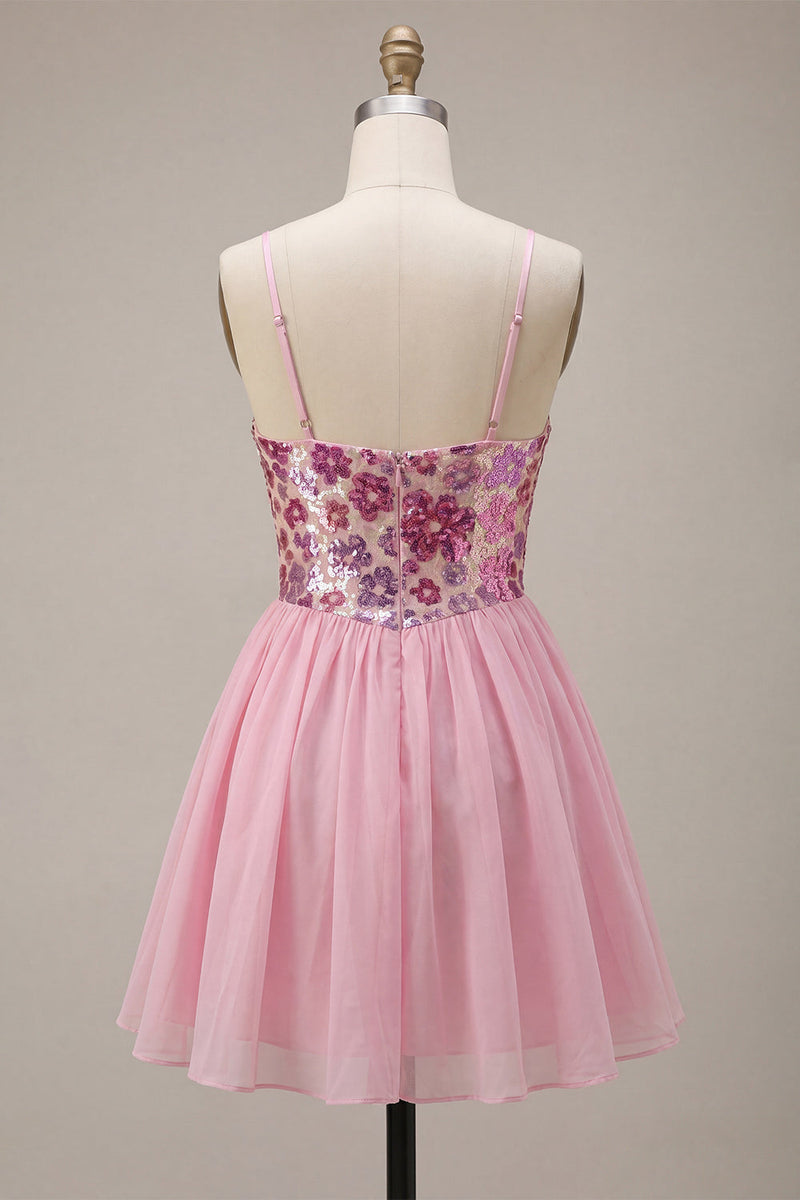 Laden Sie das Bild in den Galerie-Viewer, A-Linie pinkes Blumen-Spaghettiträger-Homecoming-Kleid mit Pailletten
