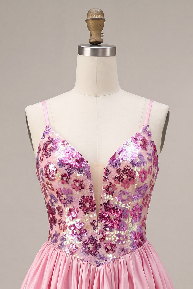 Laden Sie das Bild in den Galerie-Viewer, A-Linie pinkes Blumen-Spaghettiträger-Homecoming-Kleid mit Pailletten