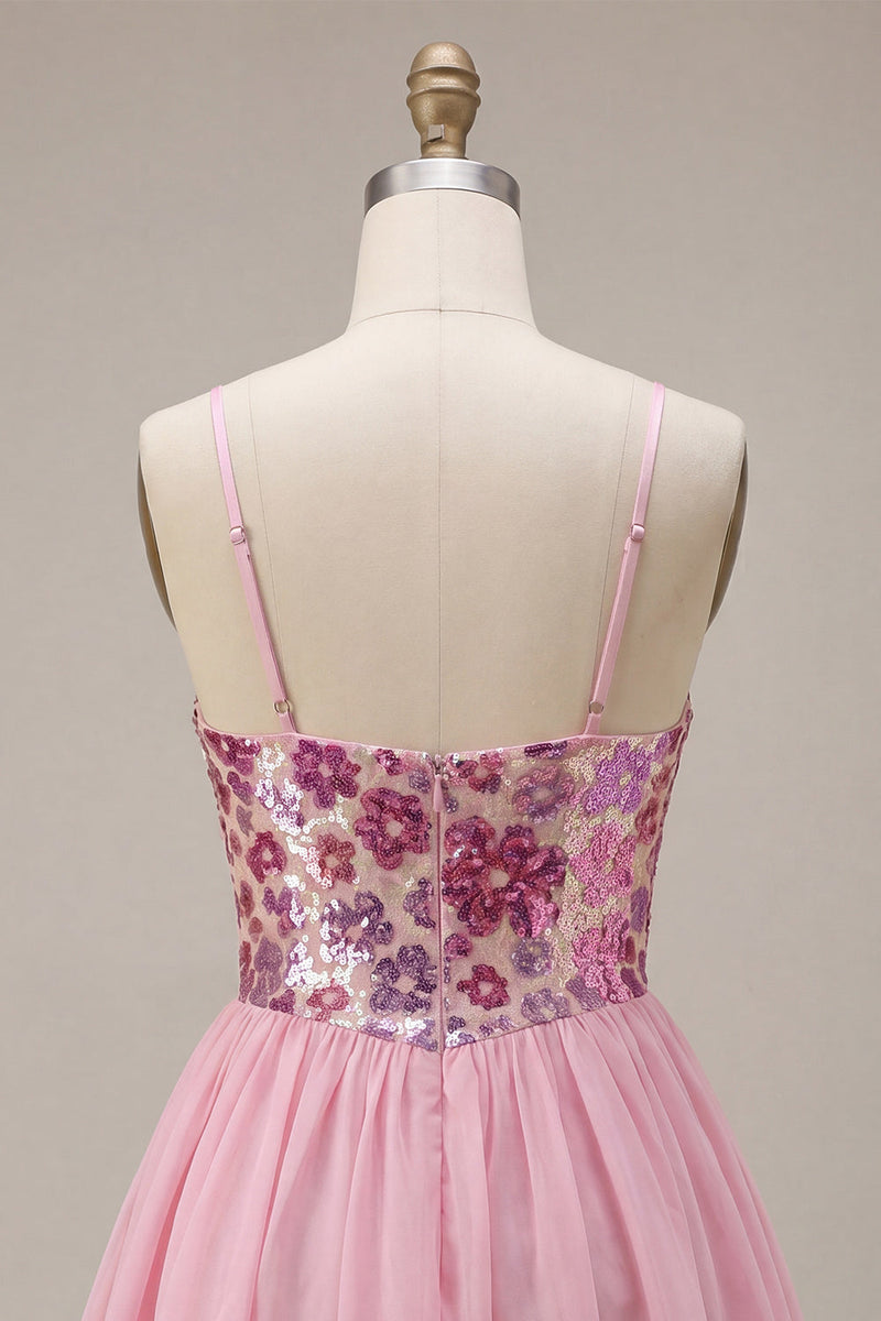 Laden Sie das Bild in den Galerie-Viewer, A-Linie pinkes Blumen-Spaghettiträger-Homecoming-Kleid mit Pailletten