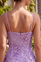Laden Sie das Bild in den Galerie-Viewer, Pflaumenfarbener Bodycon Spaghettiträger Korsettpailletten Homecoming-Kleid mit Schleife
