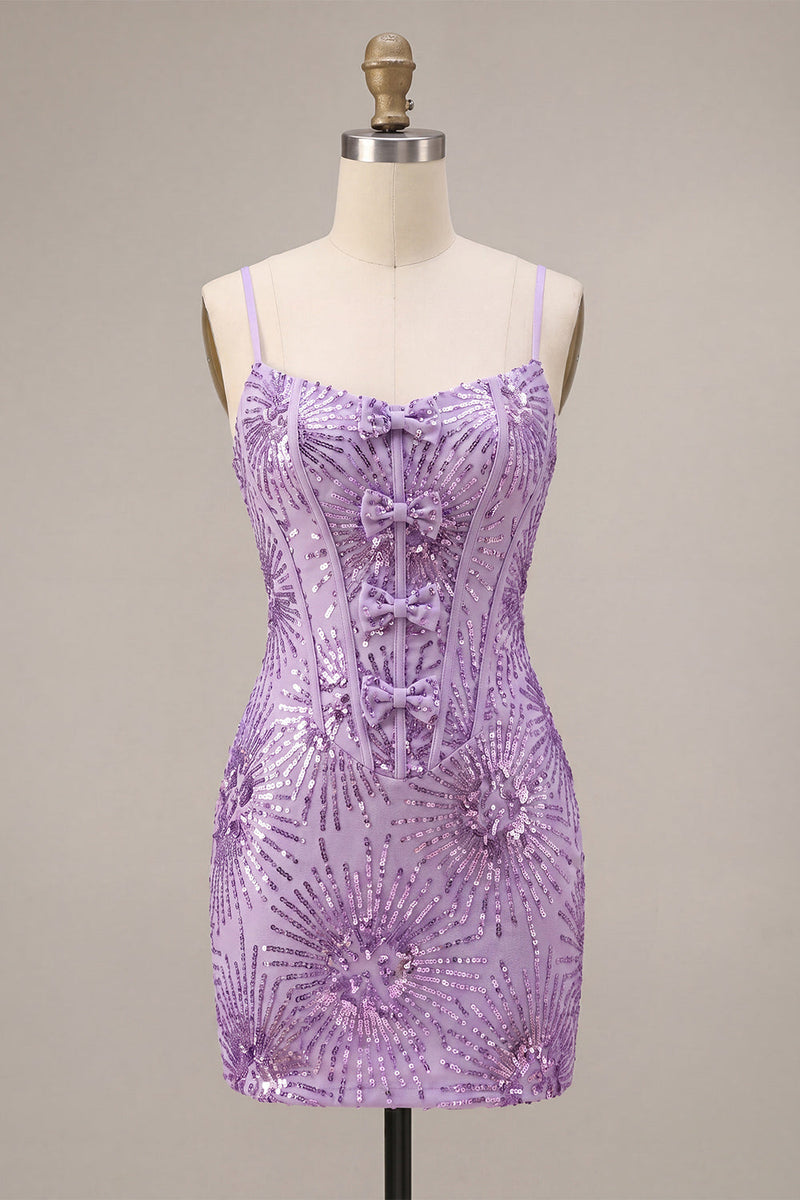 Laden Sie das Bild in den Galerie-Viewer, Pflaumenfarbener Bodycon Spaghettiträger Korsettpailletten Homecoming-Kleid mit Schleife