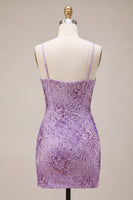 Laden Sie das Bild in den Galerie-Viewer, Pflaumenfarbener Bodycon Spaghettiträger Korsettpailletten Homecoming-Kleid mit Schleife