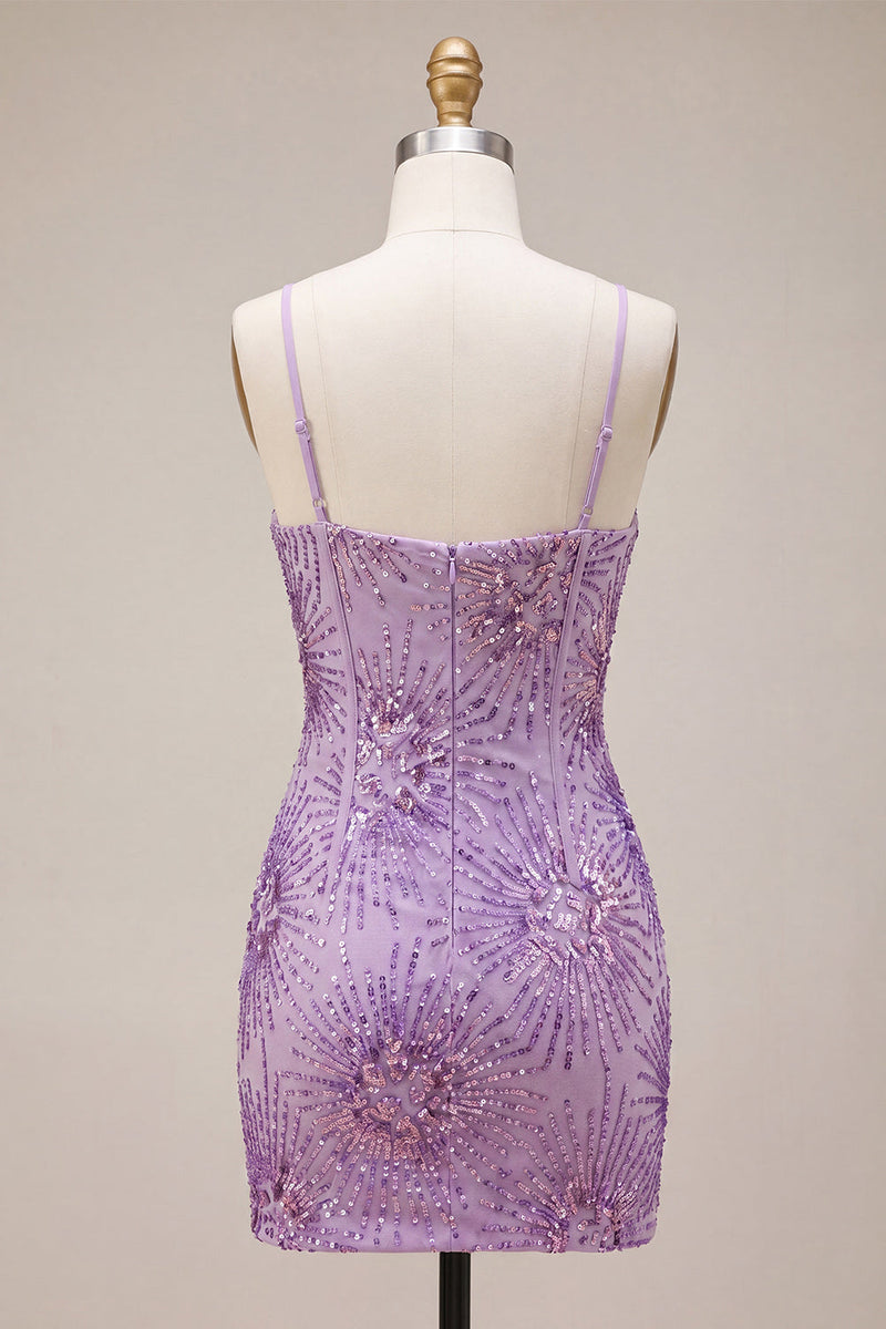 Laden Sie das Bild in den Galerie-Viewer, Pflaumenfarbener Bodycon Spaghettiträger Korsettpailletten Homecoming-Kleid mit Schleife