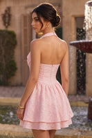 Laden Sie das Bild in den Galerie-Viewer, Rosa A-Linie Cowl Neck-Korsett mit gestuftem Homecoming-Kleid