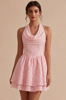 Laden Sie das Bild in den Galerie-Viewer, Rosa A-Linie Cowl Neck-Korsett mit gestuftem Homecoming-Kleid