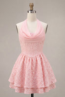 Laden Sie das Bild in den Galerie-Viewer, Rosa A-Linie Cowl Neck-Korsett mit gestuftem Homecoming-Kleid
