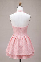 Laden Sie das Bild in den Galerie-Viewer, Rosa A-Linie Cowl Neck-Korsett mit gestuftem Homecoming-Kleid