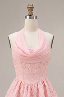 Laden Sie das Bild in den Galerie-Viewer, Rosa A-Linie Cowl Neck-Korsett mit gestuftem Homecoming-Kleid