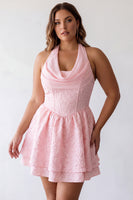 Laden Sie das Bild in den Galerie-Viewer, Rosa A-Linie Cowl Neck Korsett Gestuftes Kurzes Abendkleid