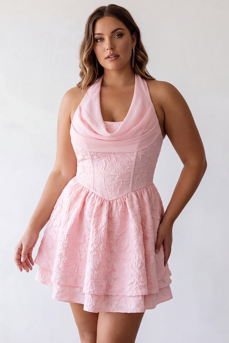 Laden Sie das Bild in den Galerie-Viewer, Rosa A-Linie Cowl Neck Korsett Gestuftes Kurzes Abendkleid