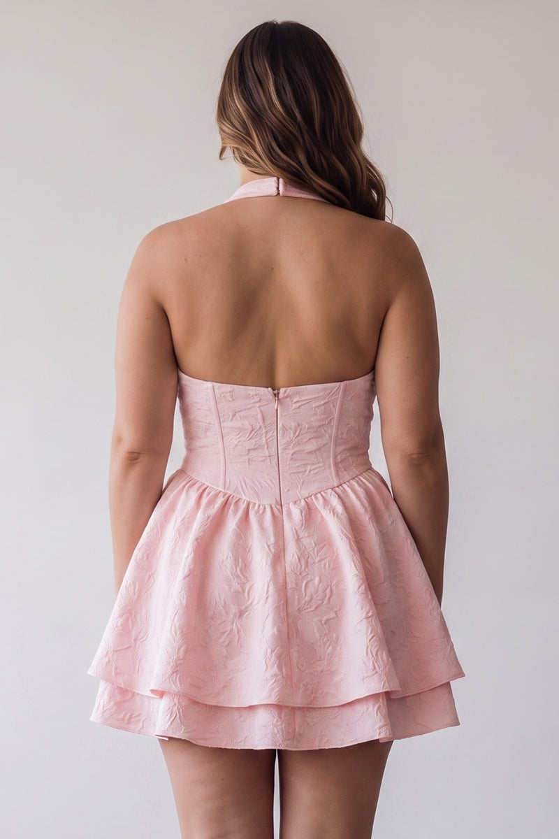 Laden Sie das Bild in den Galerie-Viewer, Rosa A-Linie Cowl Neck Korsett Gestuftes Kurzes Abendkleid