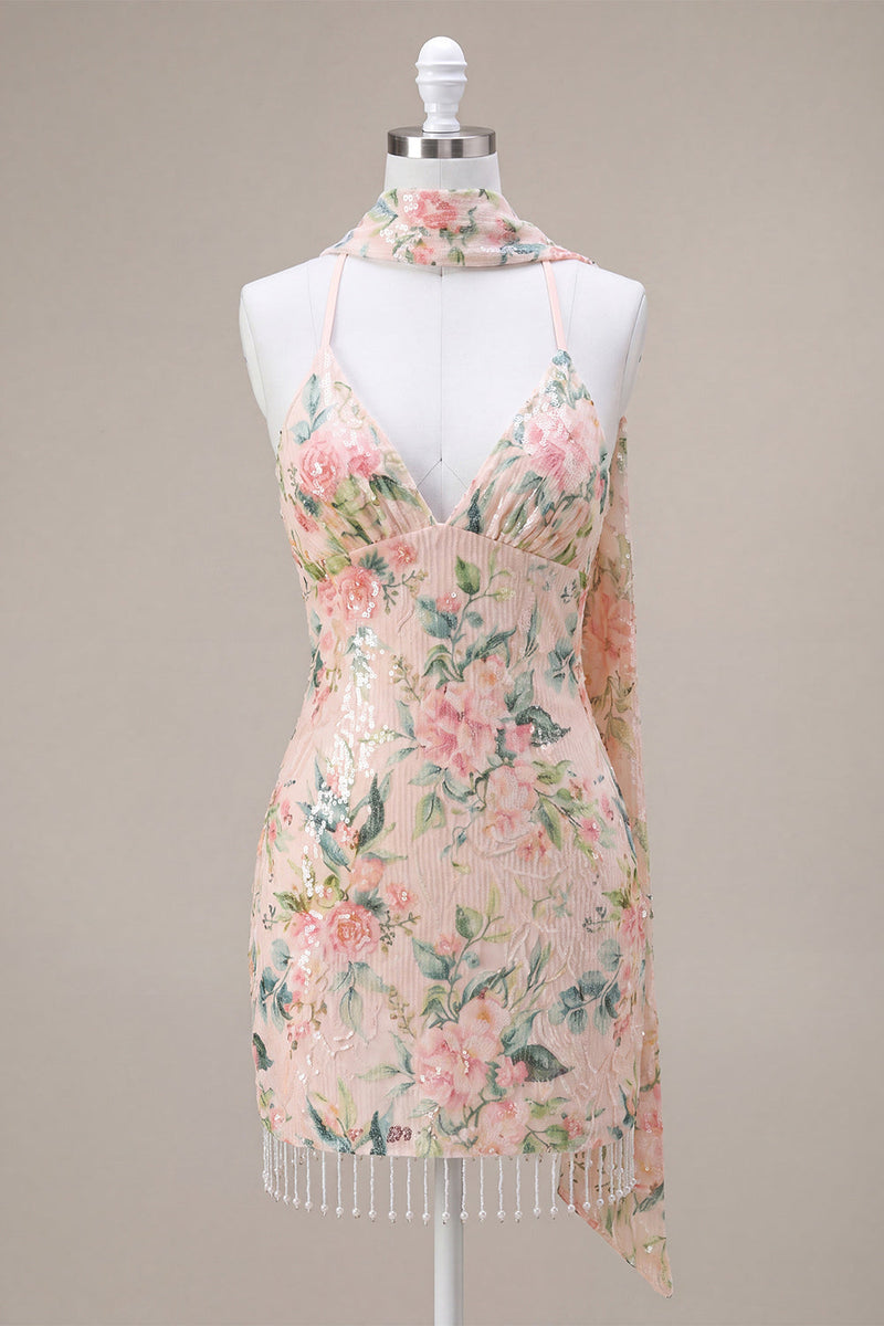 Laden Sie das Bild in den Galerie-Viewer, Glitzerndes weißes Pink Flower Bodycon Pailletten-Homecoming-Kleid mit Fransen