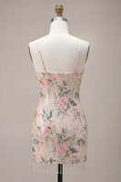 Laden Sie das Bild in den Galerie-Viewer, Glitzerndes weißes Pink Flower Bodycon Pailletten-Homecoming-Kleid mit Fransen