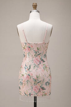 Glitzerndes Weißes Pink Flower Bodycon Pailletten Kurzes Abendkleid mit Fransen