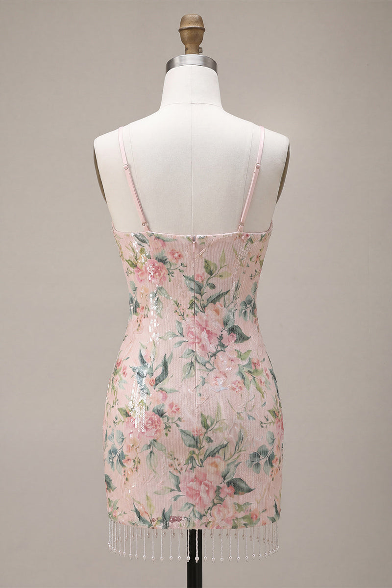 Laden Sie das Bild in den Galerie-Viewer, Glitzerndes weißes Pink Flower Bodycon Pailletten-Homecoming-Kleid mit Fransen