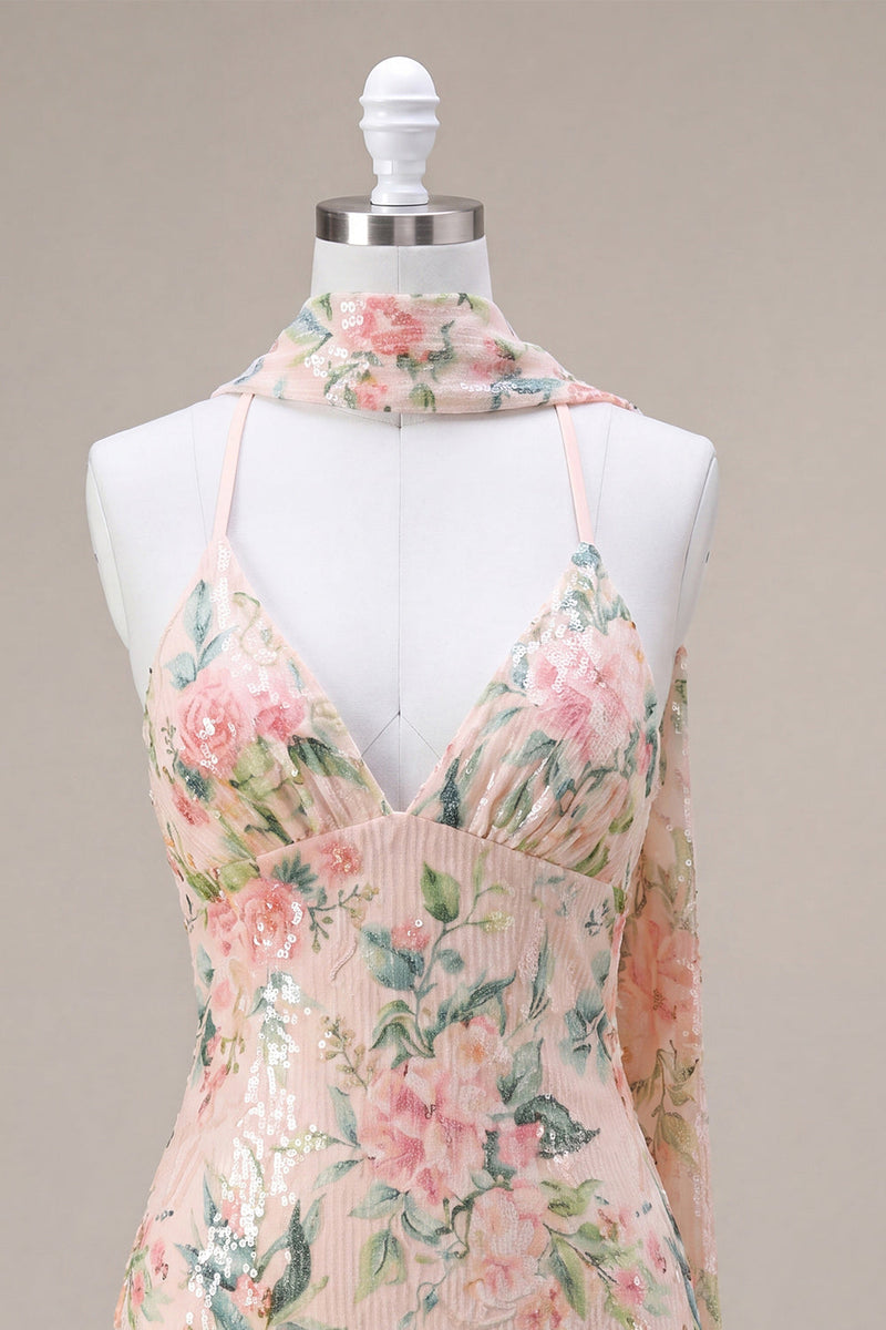 Laden Sie das Bild in den Galerie-Viewer, Glitzerndes weißes Pink Flower Bodycon Pailletten-Homecoming-Kleid mit Fransen