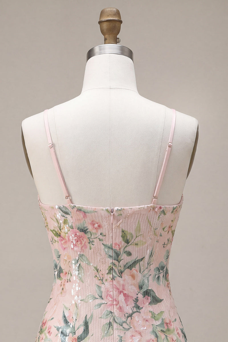 Laden Sie das Bild in den Galerie-Viewer, Glitzerndes weißes Pink Flower Bodycon Pailletten-Homecoming-Kleid mit Fransen