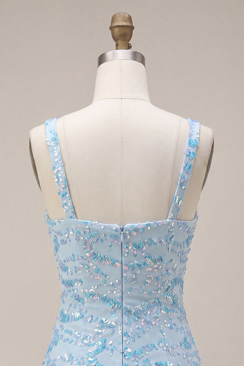 Laden Sie das Bild in den Galerie-Viewer, Glitzernder himmelblauer Bodycon mit dicken Trägern und Pailletten Homecoming-Kleid mit Schlitz
