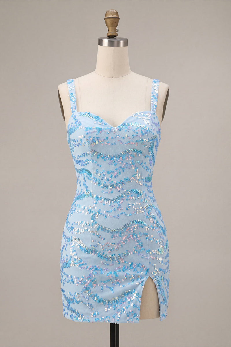 Laden Sie das Bild in den Galerie-Viewer, Glitzernder himmelblauer Bodycon mit dicken Trägern und Pailletten Homecoming-Kleid mit Schlitz