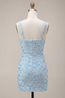Laden Sie das Bild in den Galerie-Viewer, Glitzernder himmelblauer Bodycon mit dicken Trägern und Pailletten Homecoming-Kleid mit Schlitz