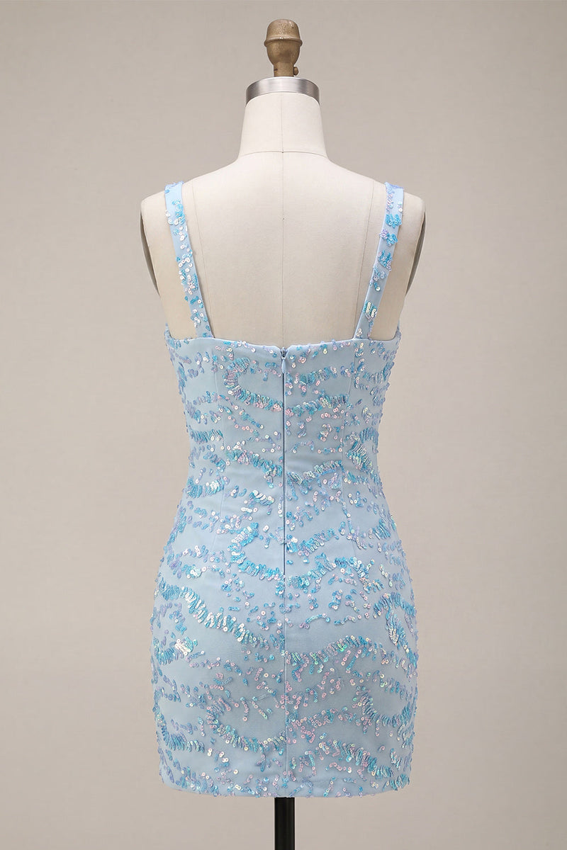 Laden Sie das Bild in den Galerie-Viewer, Glitzernder himmelblauer Bodycon mit dicken Trägern und Pailletten Homecoming-Kleid mit Schlitz