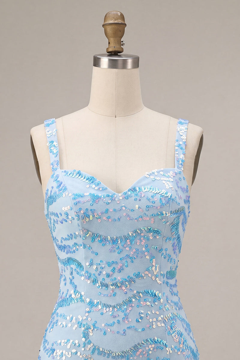 Laden Sie das Bild in den Galerie-Viewer, Glitzernder himmelblauer Bodycon mit dicken Trägern und Pailletten Homecoming-Kleid mit Schlitz