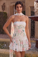 Laden Sie das Bild in den Galerie-Viewer, Glitzerndes weißes Pink Flower A-Line trägerloses Pailletten-Homecoming-Kleid mit Halsschal