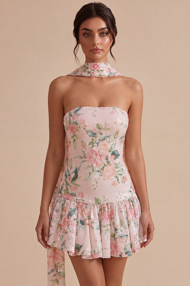 Laden Sie das Bild in den Galerie-Viewer, Glitzerndes weißes Pink Flower A-Line trägerloses Pailletten-Homecoming-Kleid mit Halsschal