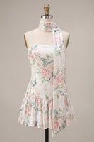 Laden Sie das Bild in den Galerie-Viewer, Glitzerndes weißes Pink Flower A-Line trägerloses Pailletten-Homecoming-Kleid mit Halsschal