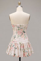 Laden Sie das Bild in den Galerie-Viewer, Glitzerndes weißes Pink Flower A-Line trägerloses Pailletten-Homecoming-Kleid mit Halsschal