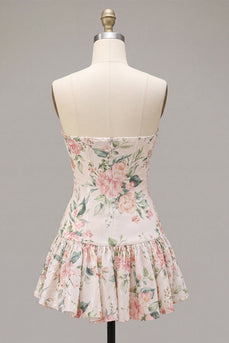 Glitzerndes Weißes Pink Flower A-Linie Trägerloses Pailletten Kurzes Abendkleid mit Halsschal