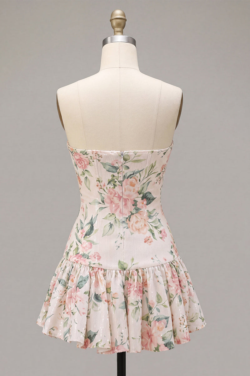 Laden Sie das Bild in den Galerie-Viewer, Glitzerndes weißes Pink Flower A-Line trägerloses Pailletten-Homecoming-Kleid mit Halsschal