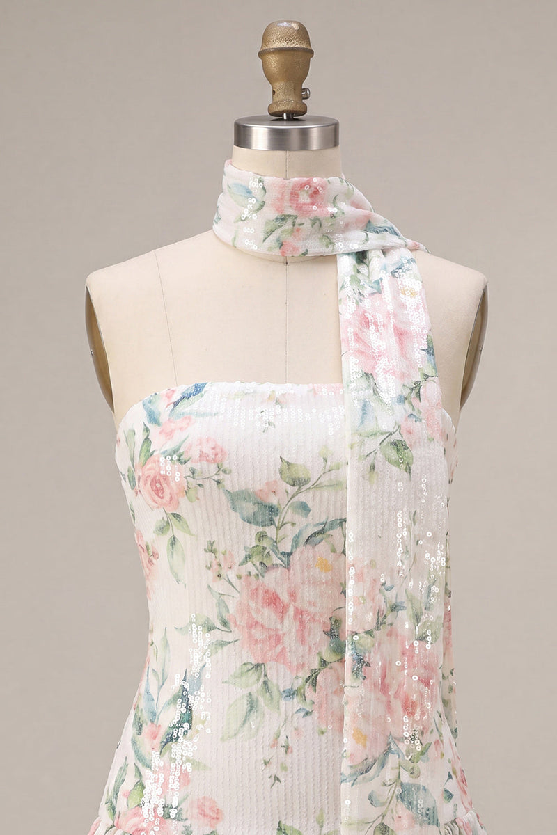 Laden Sie das Bild in den Galerie-Viewer, Glitzerndes weißes Pink Flower A-Line trägerloses Pailletten-Homecoming-Kleid mit Halsschal