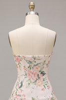 Laden Sie das Bild in den Galerie-Viewer, Glitzerndes weißes Pink Flower A-Line trägerloses Pailletten-Homecoming-Kleid mit Halsschal