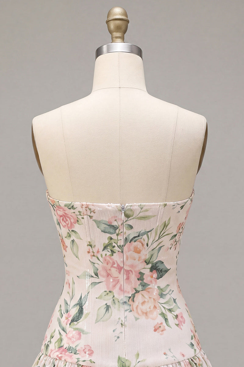 Laden Sie das Bild in den Galerie-Viewer, Glitzerndes weißes Pink Flower A-Line trägerloses Pailletten-Homecoming-Kleid mit Halsschal
