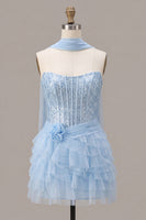 Laden Sie das Bild in den Galerie-Viewer, Himmelblaues Korsett mit gestuften Pailletten A-Linie trägerloses Homecoming-Kleid mit Halsschal