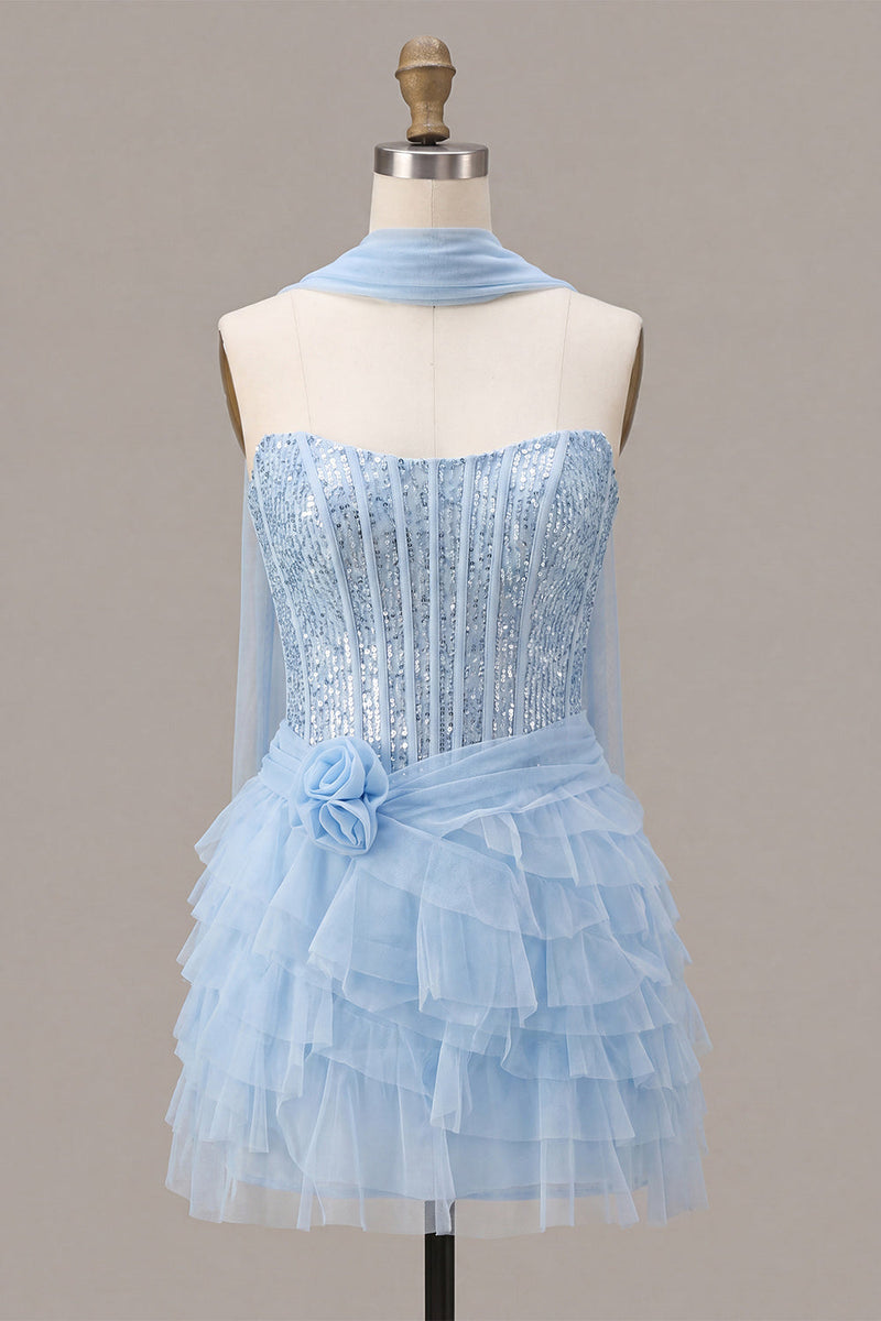 Laden Sie das Bild in den Galerie-Viewer, Himmelblaues Korsett mit gestuften Pailletten A-Linie trägerloses Homecoming-Kleid mit Halsschal