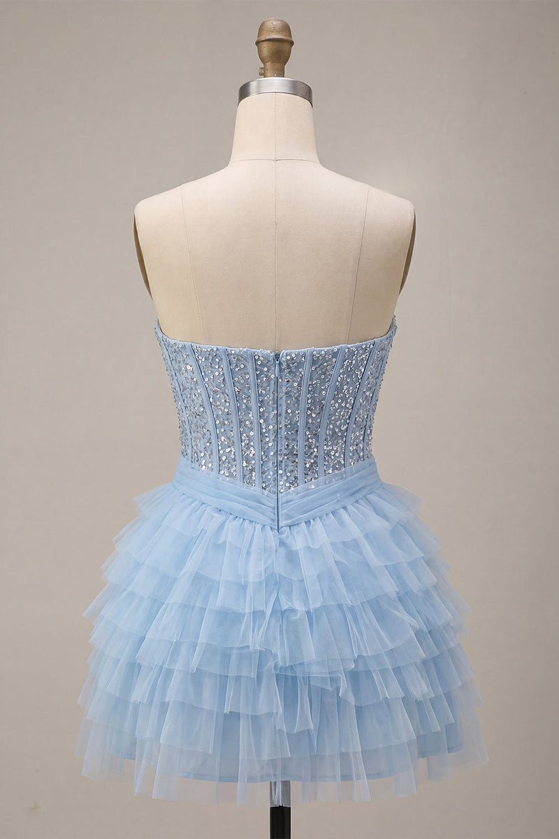 Laden Sie das Bild in den Galerie-Viewer, Himmelblaues Korsett mit gestuften Pailletten A-Linie trägerloses Homecoming-Kleid mit Halsschal