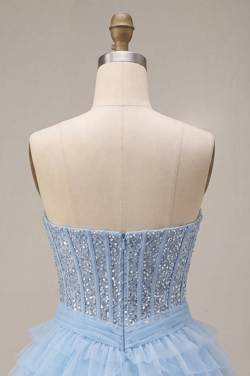 Laden Sie das Bild in den Galerie-Viewer, Himmelblaues Korsett mit gestuften Pailletten A-Linie trägerloses Homecoming-Kleid mit Halsschal