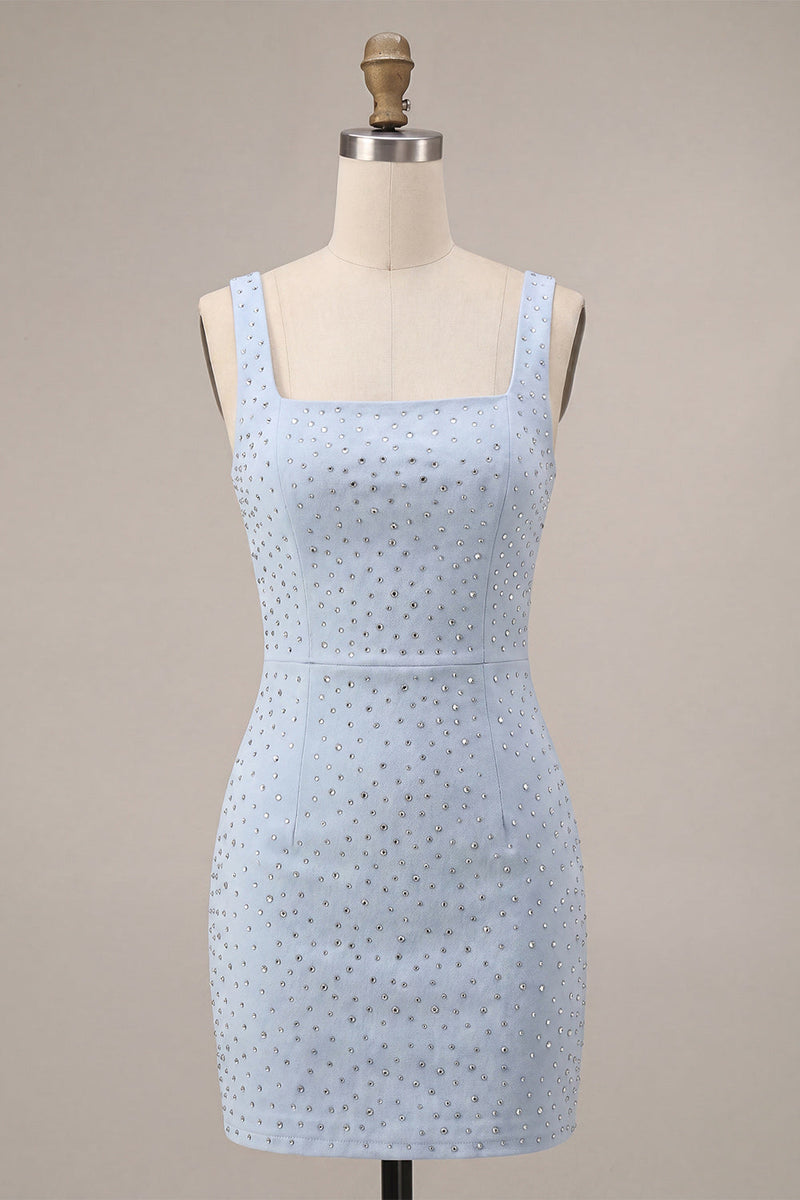 Laden Sie das Bild in den Galerie-Viewer, Himmelblaues Quadrathals-Bodycon-Homecoming-Kleid mit Perlen